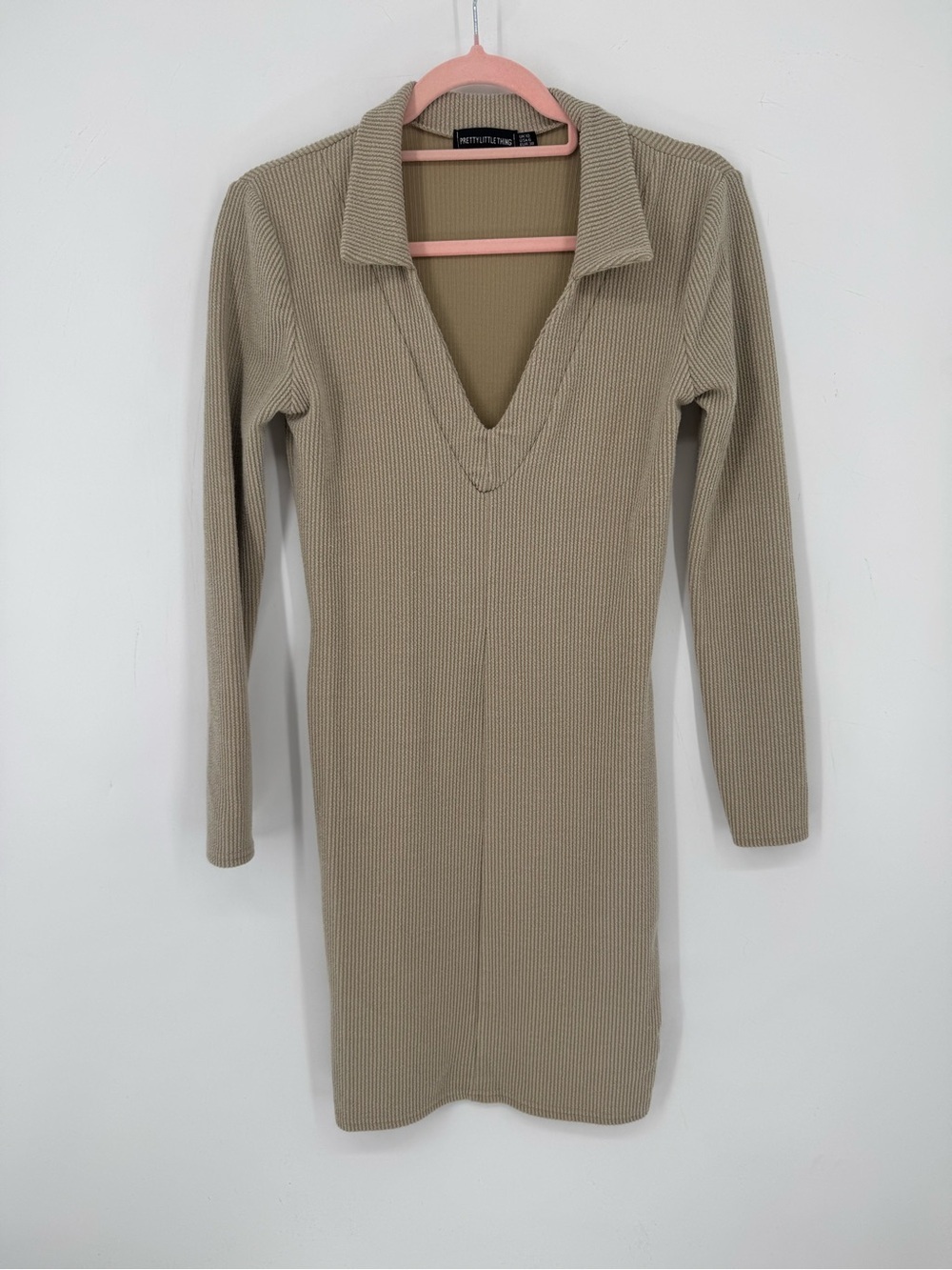 PrettyLittleThing Ribbed Knit Mini Dress Neutral Old Money Quiet Luxury Size 6